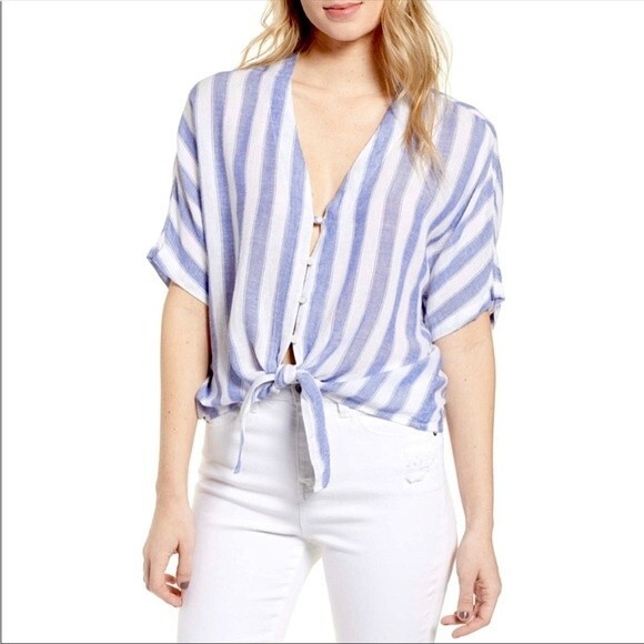 Rails Thea Top Linen Blend Large Striped Coastal Grandma Tie Front Beachy Blouse - Picture 1 of 9